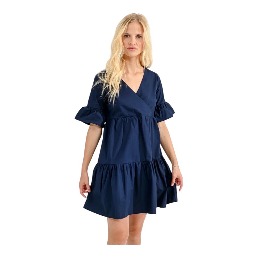 NWT Molly Bracken‎ Navy Vneck Tiered Ruffled Cuff Bell Sleeve Dress Small